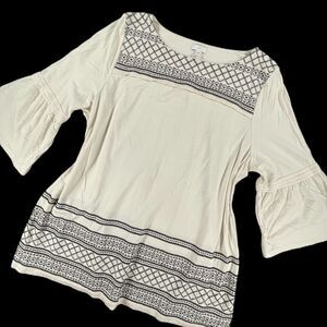 J. Jill Size XL Cream Black Embroidered Cotton Knit Tunic Top Boho Minimalist